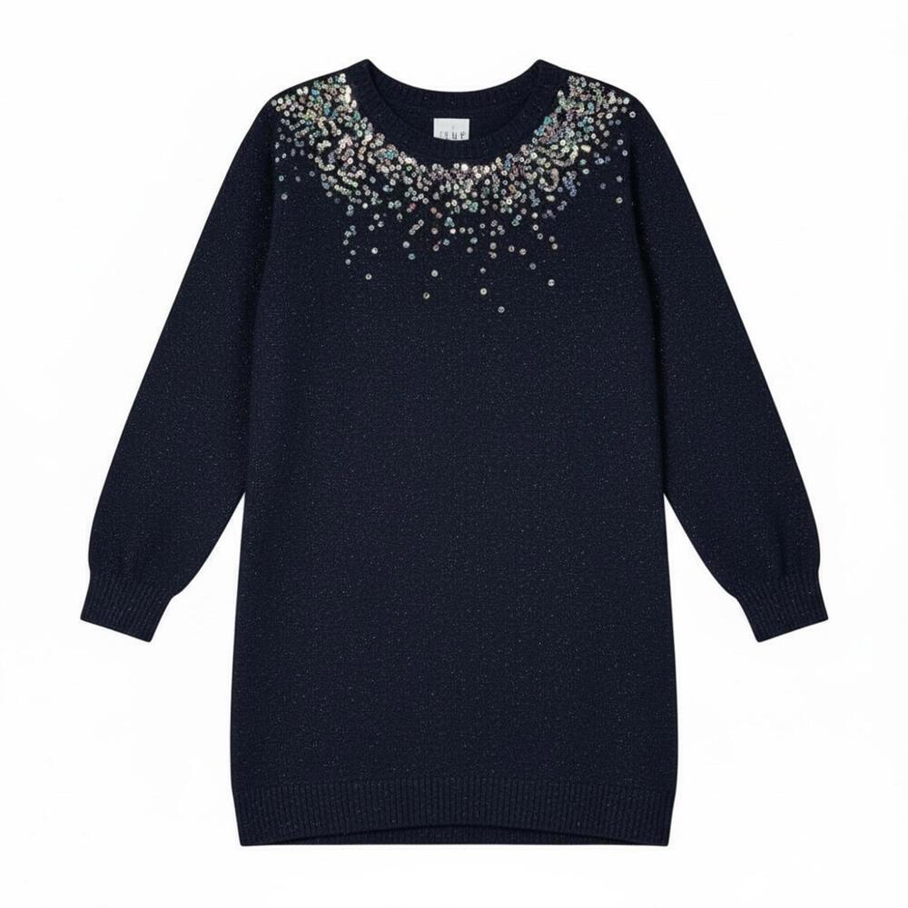Girls' Dark Navy Sequin Embellished Sweater Dress 7/8